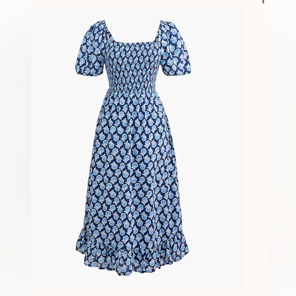 J. Crew Smocked Midi Dress with Puff Sleeves. XS Blue Block Print